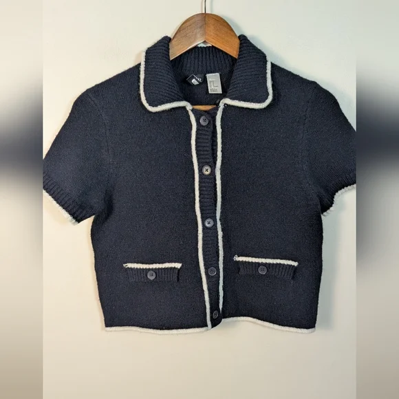 H&M Divided Knitwear Dark Navy Blue Collar Short Sleeve Cardigan Sweater - Picture 6 of 6